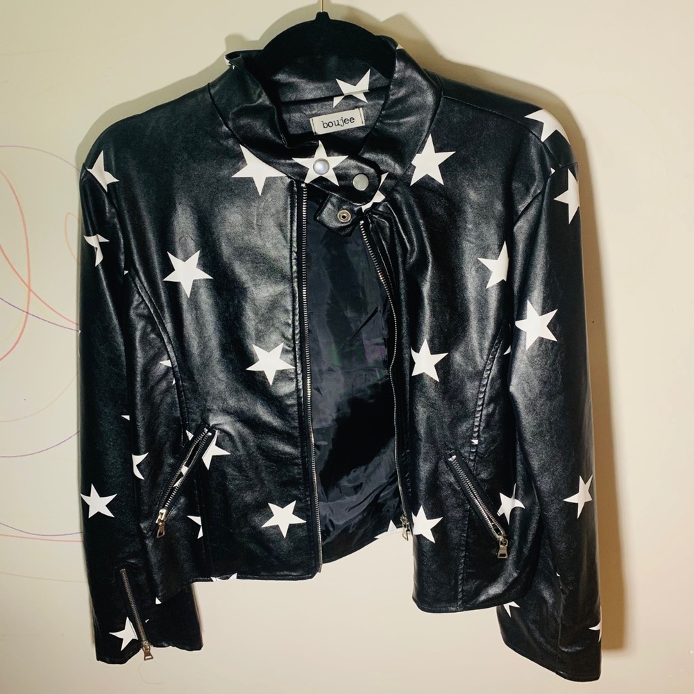 Star Print Faux Leather Jacket